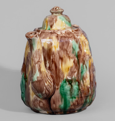 Unusual Polychrome-Glazed Redware Rebekah-at-the-Well Teapot