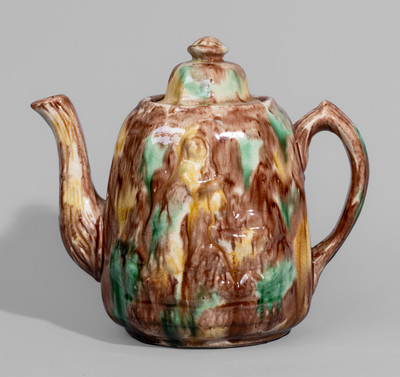 Unusual Polychrome-Glazed Redware Rebekah-at-the-Well Teapot
