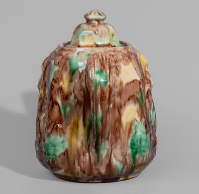 Unusual Polychrome-Glazed Redware Rebekah-at-the-Well Teapot