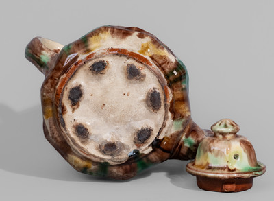 Unusual Polychrome-Glazed Redware Rebekah-at-the-Well Teapot