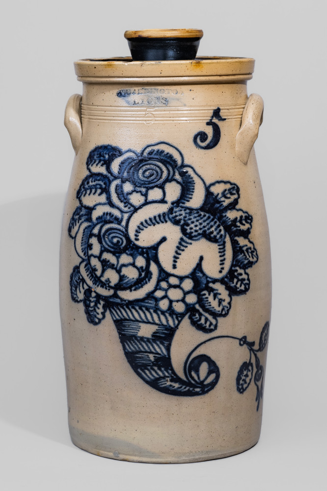 Exceptional 5 Gal. T. HARRINGTON / LYONS Stoneware Churn with Cornucopia Decoration