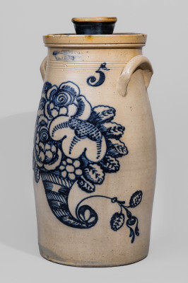 Exceptional 5 Gal. T. HARRINGTON / LYONS Stoneware Churn with Cornucopia Decoration