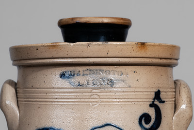 Outstanding T. HARRINGTON / LYONS Five-Gallon Stoneware Churn w/ Exuberant Cobalt Cornucopia Decoration