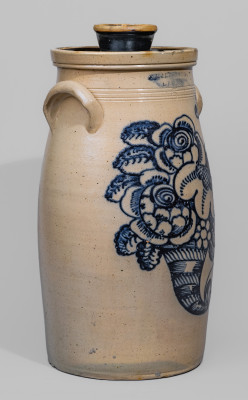 Exceptional 5 Gal. T. HARRINGTON / LYONS Stoneware Churn with Cornucopia Decoration