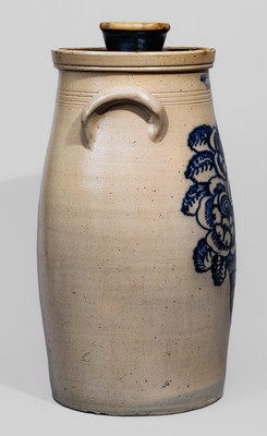 Outstanding T. HARRINGTON / LYONS Five-Gallon Stoneware Churn w/ Exuberant Cobalt Cornucopia Decoration