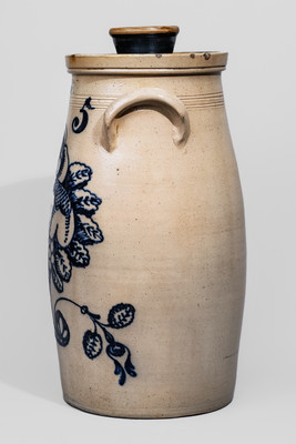 Outstanding T. HARRINGTON / LYONS Five-Gallon Stoneware Churn w/ Exuberant Cobalt Cornucopia Decoration