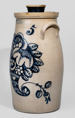 Outstanding T. HARRINGTON / LYONS Five-Gallon Stoneware Churn w/ Exuberant Cobalt Cornucopia Decoration