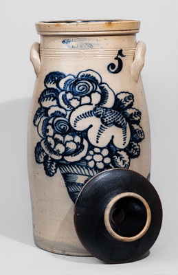 Outstanding T. HARRINGTON / LYONS Five-Gallon Stoneware Churn w/ Exuberant Cobalt Cornucopia Decoration