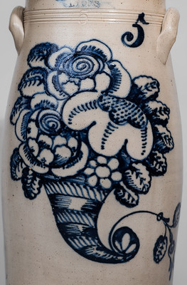 Outstanding T. HARRINGTON / LYONS Five-Gallon Stoneware Churn w/ Exuberant Cobalt Cornucopia Decoration