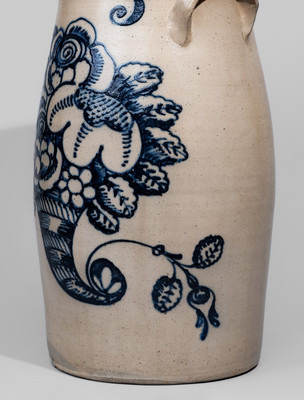 Outstanding T. HARRINGTON / LYONS Five-Gallon Stoneware Churn w/ Exuberant Cobalt Cornucopia Decoration