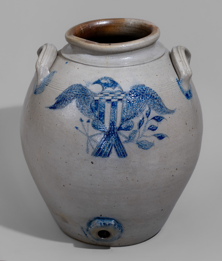 1. Exceptional Stoneware Water Cooler with Elaborate Incised Federal Eagle, Herbertsville, NJ, Origin