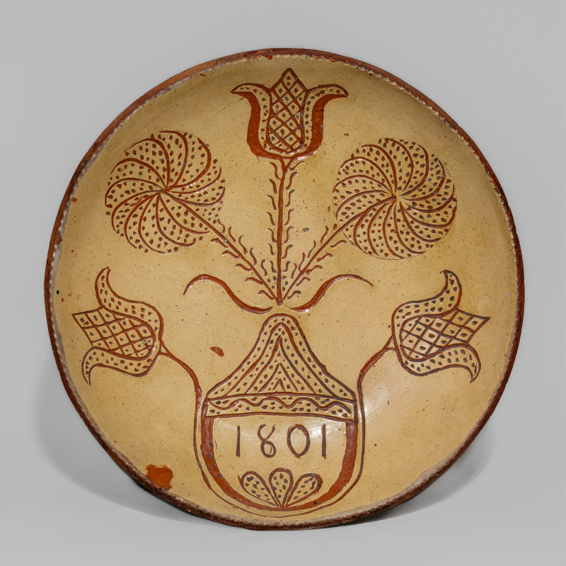 Very Fine 1801 Redware Charger with Elaborate Sgraffito Decoration