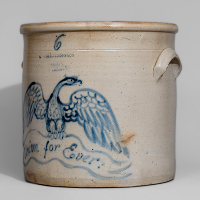 Outstanding "Union for Ever!" Six-Gallon Crock w/ Cobalt Eagle and Banner, Wm. MacQuoid, New York City