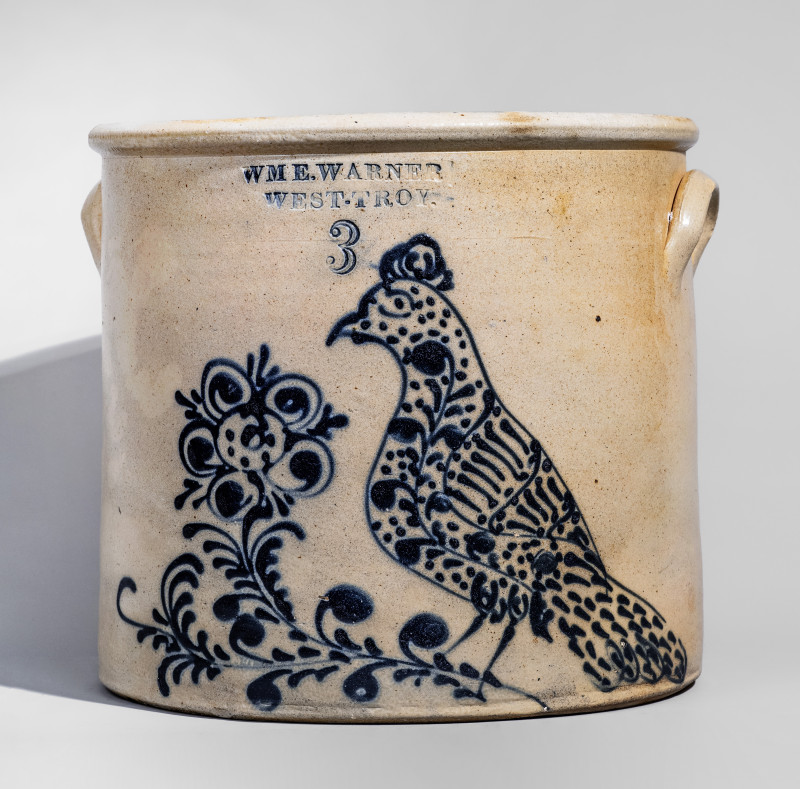 Outstanding WM. E. WARNER Stoneware Crock with Elaborate Slip-Trailed Bird Decoration