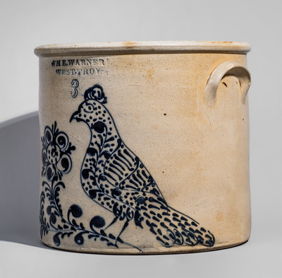 Exceptional WM. E. WARNER / WEST TROY Three-Gallon Crock w/ Large, Elaborate Bird and Floral Decoration