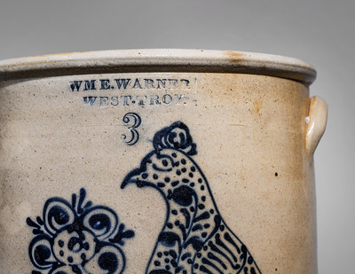 Exceptional WM. E. WARNER / WEST TROY Three-Gallon Crock w/ Large, Elaborate Bird and Floral Decoration