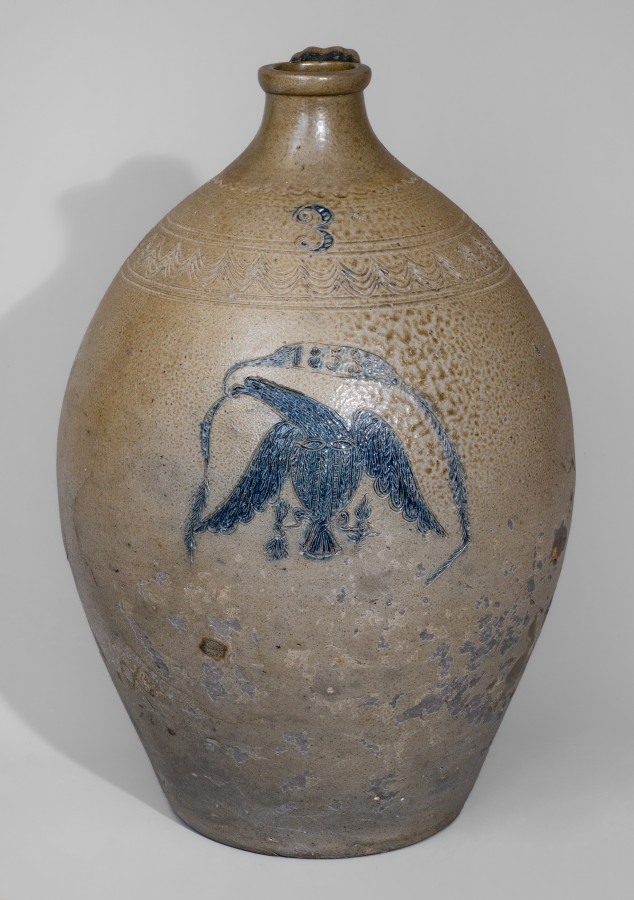 Extremely Rare and Important Chester Webster Stoneware Jug with Incised Federal Eagle Decoration