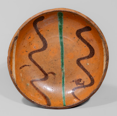 Rare Diminutive Berks County, PA Redware Dish w/ Three-Color Slip Decoration, c1850-80