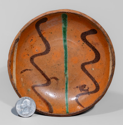 Rare Diminutive Berks County, PA Redware Dish w/ Three-Color Slip Decoration, c1850-80