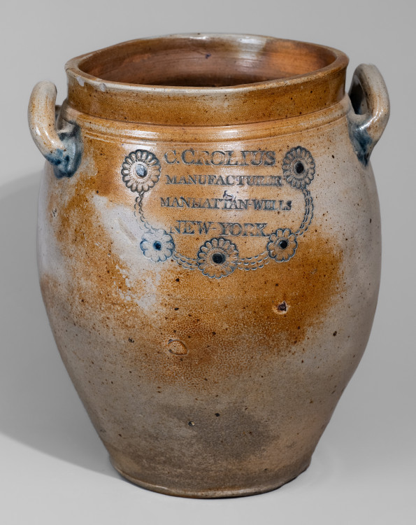 Exceptional C. CROLIUS / MANUFACTURER / MANHATTAN WELLS / NEW-YORK Stoneware Jar with Impressed and Incised Floral Decoration