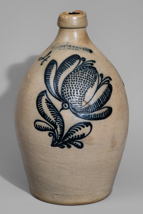 Outstanding F. STETZENMEYER / ROCHESTER, NY Stoneware Jug w/ Elaborate Slip-Trailed  Decoration