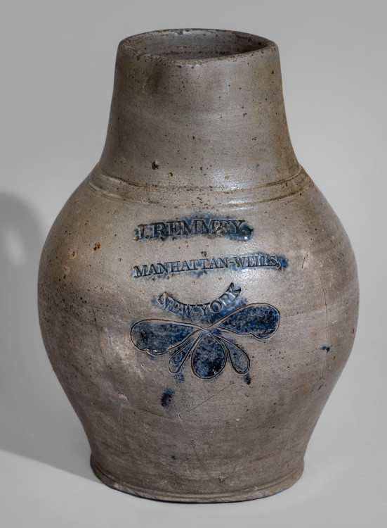 Extremely Rare Incised Stoneware Pitcher, J. REMMEY / MANHATTAN - WELLS / NEW YORK