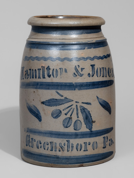 Exceptional HAMILTON & JONES / GREENSBORO, PA Stoneware Stenciled Cherries Canning Jar