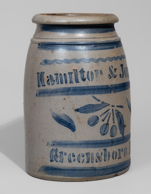 Exceptional HAMILTON & JONES / GREENSBORO, PA Stoneware Stenciled Cherries Canning Jar