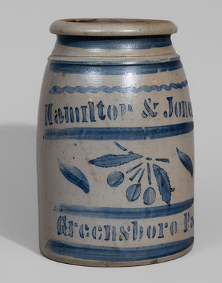 Exceptional "Hamilton & Jones / Greensboro Pa." Stoneware Cherries Canning Jar w/ Elaborate Decoration