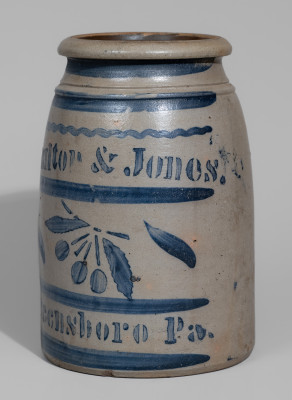 Exceptional HAMILTON & JONES / GREENSBORO, PA Stoneware Stenciled Cherries Canning Jar