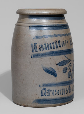 Exceptional "Hamilton & Jones / Greensboro Pa." Stoneware Cherries Canning Jar w/ Elaborate Decoration
