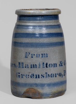 "From / James Hamilton & Co. / Greensboro, Pa." Stoneware Canning Jar w/ Cobalt Stripe Decoration
