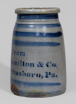 "From / James Hamilton & Co. / Greensboro, Pa." Stoneware Canning Jar w/ Cobalt Stripe Decoration