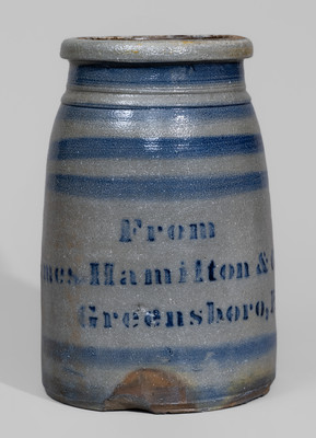 "From / James Hamilton & Co. / Greensboro, Pa." Stoneware Canning Jar w/ Cobalt Stripe Decoration