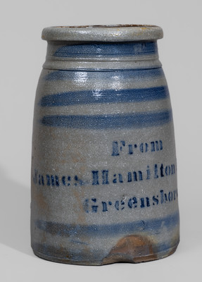 "From / James Hamilton & Co. / Greensboro, Pa." Stoneware Canning Jar w/ Cobalt Stripe Decoration