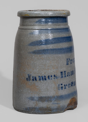 "From / James Hamilton & Co. / Greensboro, Pa." Stoneware Canning Jar w/ Cobalt Stripe Decoration