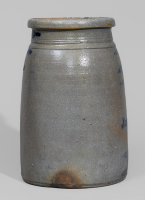 "From / James Hamilton & Co. / Greensboro, Pa." Stoneware Canning Jar w/ Cobalt Stripe Decoration