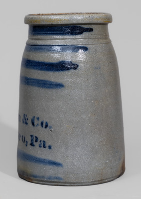 "From / James Hamilton & Co. / Greensboro, Pa." Stoneware Canning Jar w/ Cobalt Stripe Decoration