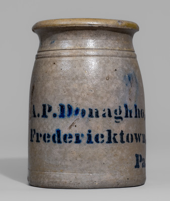 Scarce A.P. Donaghho, / Fredericktown, / Pa. Stoneware Canning Jar, c1865
