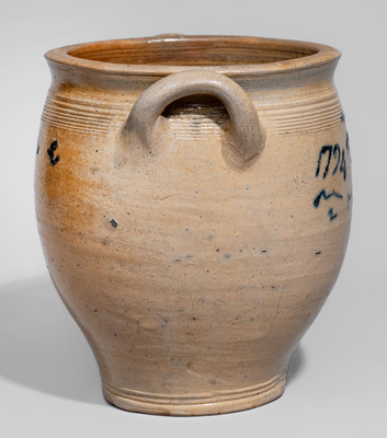 Extremely Rare NJ or NY Open-Handled Stoneware Jar w/ Cobalt Fish Motif, Dated 1794