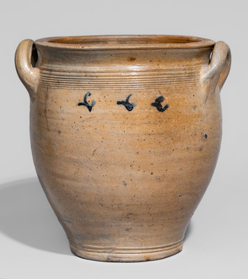 Extremely Rare NJ or NY Open-Handled Stoneware Jar w/ Cobalt Fish Motif, Dated 1794