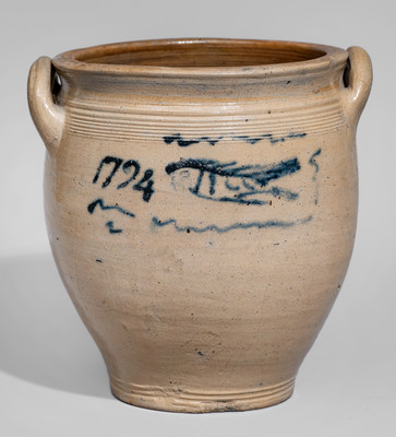Extremely Rare NJ or NY Open-Handled Stoneware Jar w/ Cobalt Fish Motif, Dated 1794