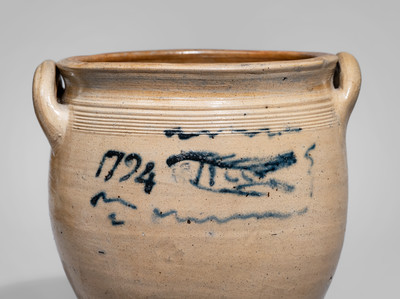 Extremely Rare NJ or NY Open-Handled Stoneware Jar w/ Cobalt Fish Motif, Dated 1794