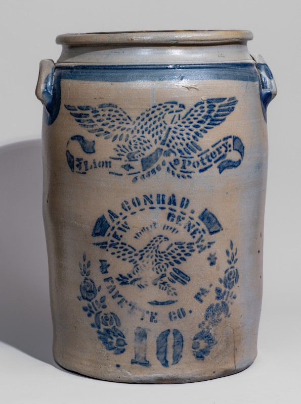 Exceptional 10 Gal. A. CONRAD / NEW GENEVA / FAYETTE CO. PA. Double Stenciled Eagle Stoneware Jar