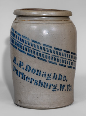 Two-Gallon A.P. Donaghho, / Parkersburg, W. Va. Stoneware Jar, c1875
