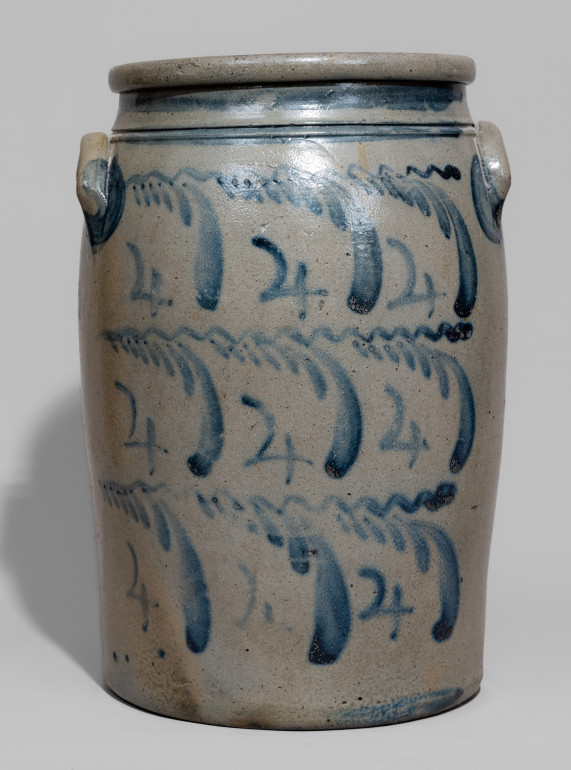 Outstanding Stoneware Jar with Profuse Numeral 4 Decoration, Western PA Origin