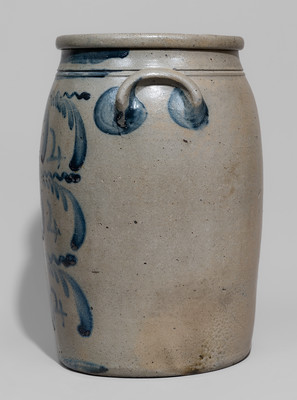 Outstanding Four-Gallon Western PA Stoneware Jar w/ Elaborate Freehand Cobalt "4" and Swag Decoration