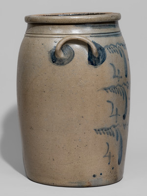 Outstanding Four-Gallon Western PA Stoneware Jar w/ Elaborate Freehand Cobalt "4" and Swag Decoration