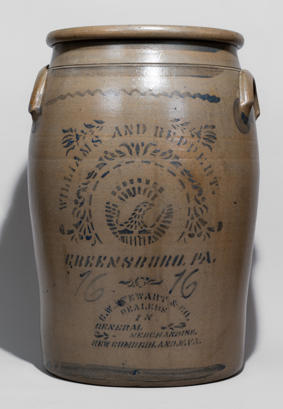 Exceptional 16 Gal. WILLIAMS & REPPERT Stoneware Eagle Jar with NEW CUMBERLAND, W. VA. Stenciled Advertising