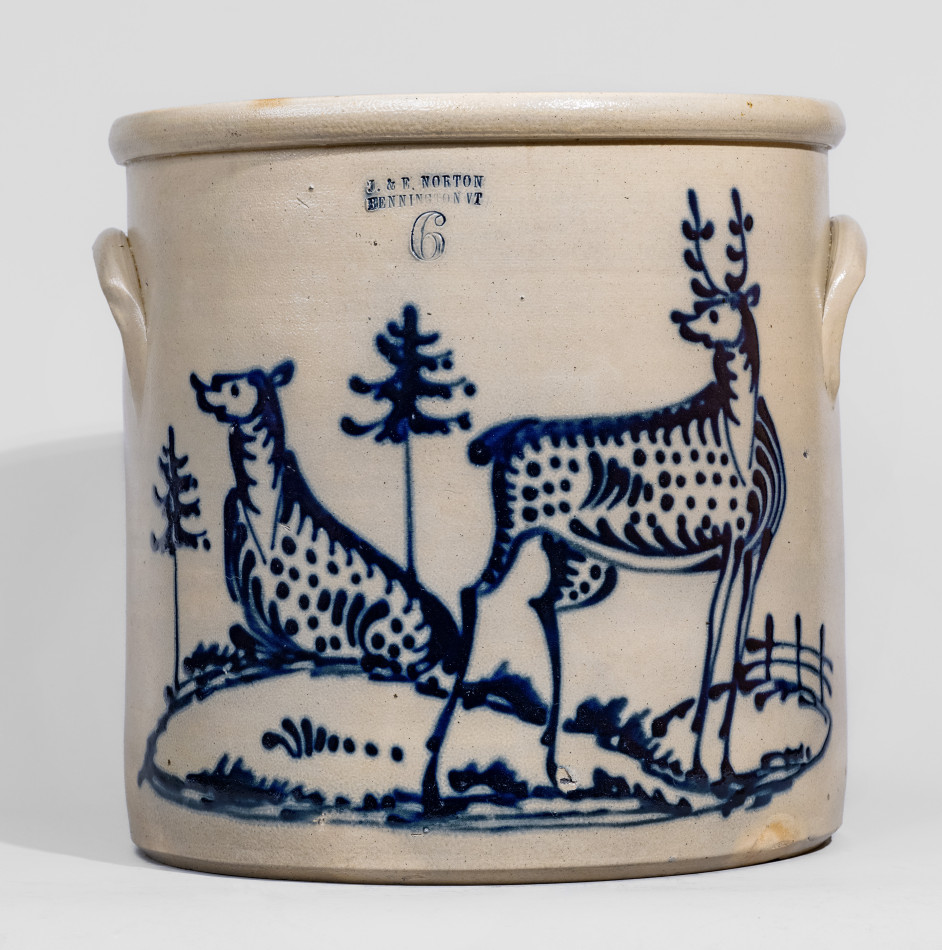 Six-Gallon J. & E. NORTON / BENNINGTON, VT Crock w/ Elaborate Stag and Doe Scene
